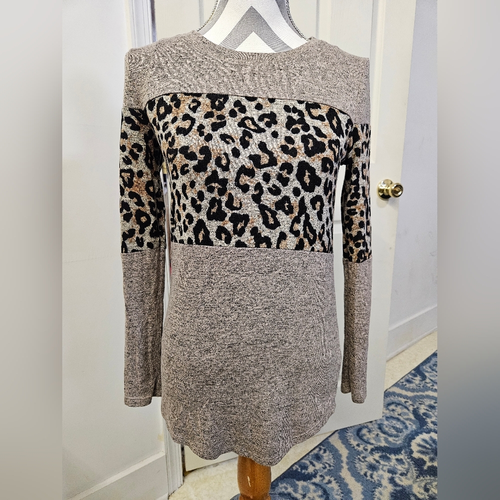 Maurices Leopard Print/ Tan 24/7  Long- Sleeve T-Shirt